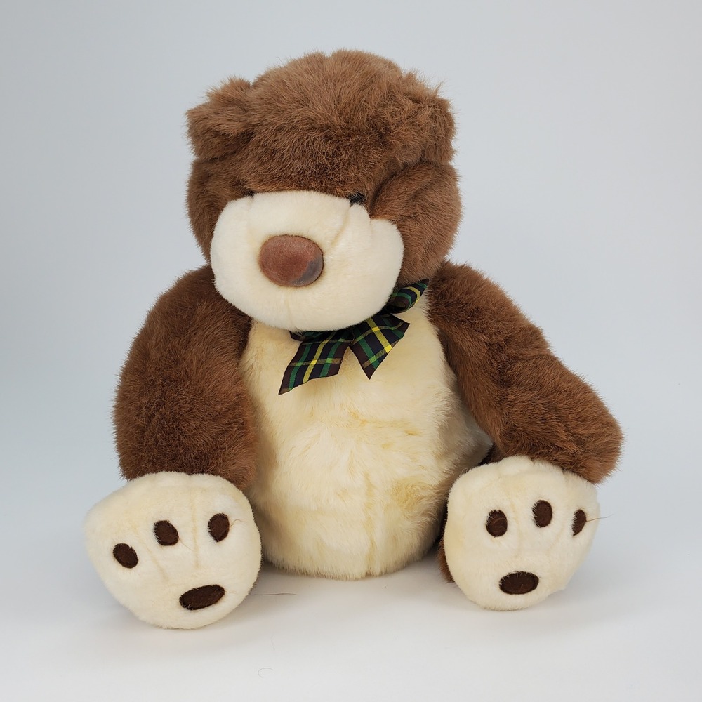 Vintage Gund Humdinger 1052 Teddy Bear Brown Cream Plaid Bow Plush 13in
